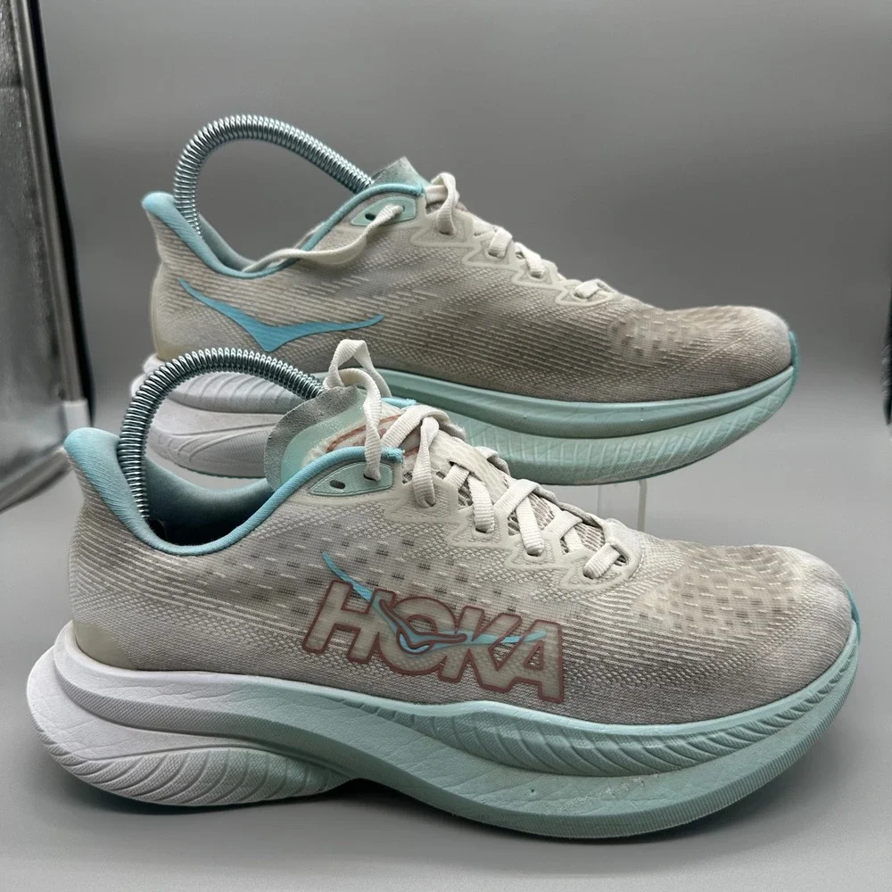 Hoka Mach 6 Running Shoes Womens 8B White Frost Gray Blue Athletic Sneakers